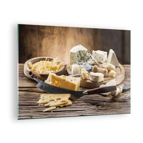 Quadro em vidro - Tábua de queijos com faca sobre mesa rústica - 70x50cm - Sorria para o queijo - Decoração de parede moderna para a sala de estar e quarto ARTTOR