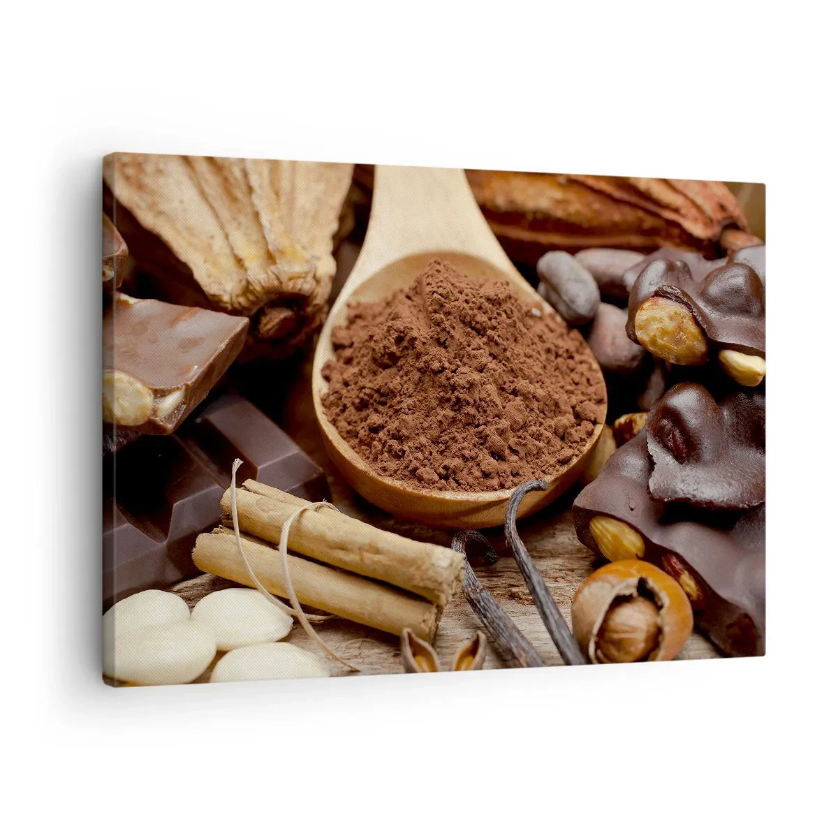 Quadro em tela - Uma colherada de ingredientes de cacau e chocolate em um arranjo rústico - 70x50cm - O melhor para as tristezas - Decoração de parede moderna para a sala de estar e quarto ARTTOR