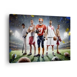 Quadro em tela - Uma cena dinâmica de atletas de várias disciplinas no estádio sob os holofotes - 70x50cm - Gladiadores dos campos - Decoração de parede moderna para a sala de estar e quarto ARTTOR