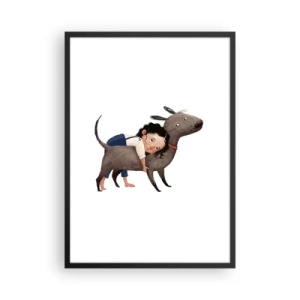 Pôster com moldura preta - Ilustração de uma criança abraçando um cachorro em um fundo branco - 50x70cm - Melhores amigos - Decoração de parede moderna para a sala de estar e quarto ARTTOR