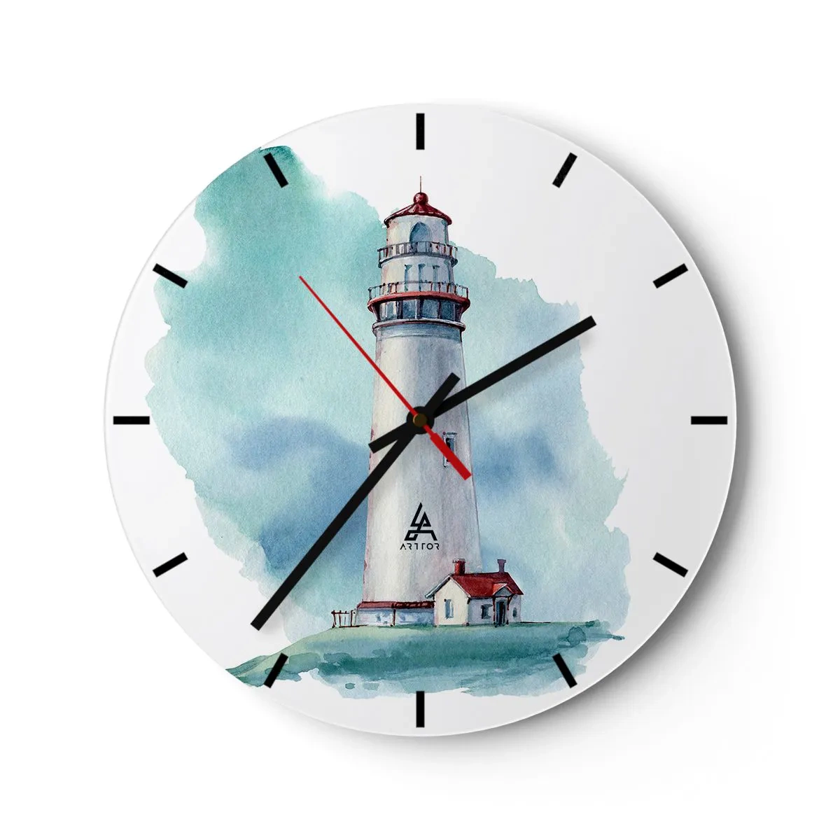 Relógio de parede - Relógio em vidro - Um farol em aquarela em tons calmos de mar - 30x30cm - A gentil irmã do azul - Decoração de parede moderna para a sala de estar, cozinha e quarto ARTTOR