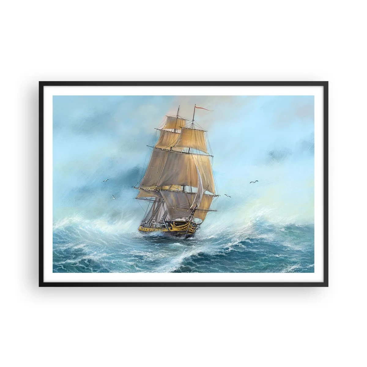 Pôster com moldura preta - Correndo sobre as ondas - 100x70 cm