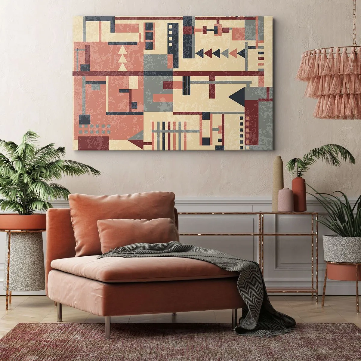 Quadro em tela - Padrão geométrico em tons pastéis de bege, vermelho e cinza - 70x50cm - Combinação de verticais e horizontais - Decoração de parede moderna para a sala de estar e quarto ARTTOR