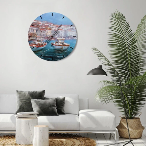 Relógio de parede - Relógio em vidro - Um porto pitoresco com barcos de estilo impressionista - 30x30cm - Baía italiana - Decoração de parede moderna para a sala de estar, cozinha e quarto ARTTOR