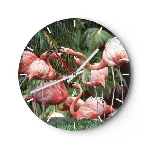 Relógio de parede - Relógio em vidro - Flamingos cor-de-rosa em um cenário de vegetação tropical exuberante - 30x30cm - Fofocas da tarde - Decoração de parede moderna para a sala de estar, cozinha e quarto ARTTOR