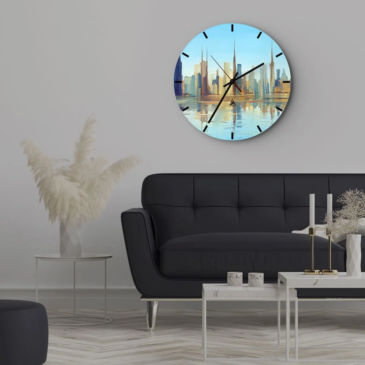 Relógio de parede - Relógio em vidro - panorama da cidade refletido na água em tons brilhantes - 30x30cm - Uma metrópole ensolarada - Decoração de parede moderna para a sala de estar, cozinha e quarto ARTTOR