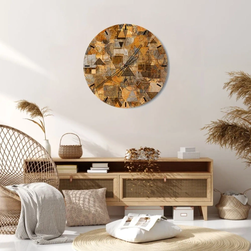 Relógio de parede - Relógio em vidro - Padrão geométrico abstrato em tons de dourado e marrom - 30x30cm - O mundo em forma - Decoração de parede moderna para a sala de estar, cozinha e quarto ARTTOR