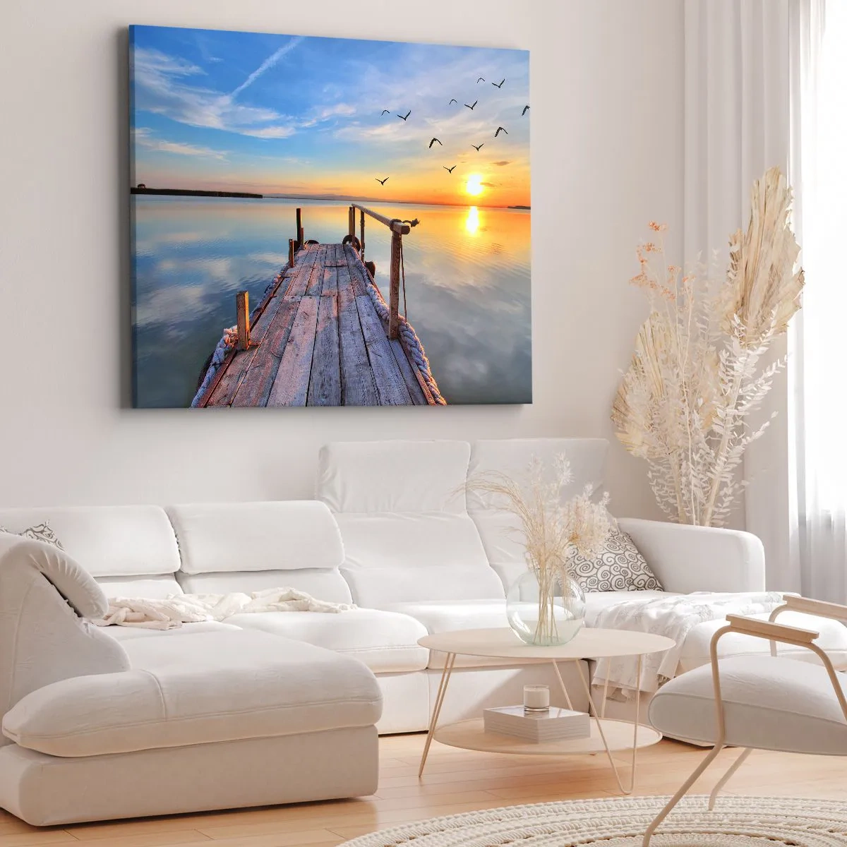 Quadro em tela - Píer de madeira ao pôr do sol em um lago calmo - 70x50cm - Caminhando em direção ao sol - Decoração de parede moderna para a sala de estar e quarto ARTTOR