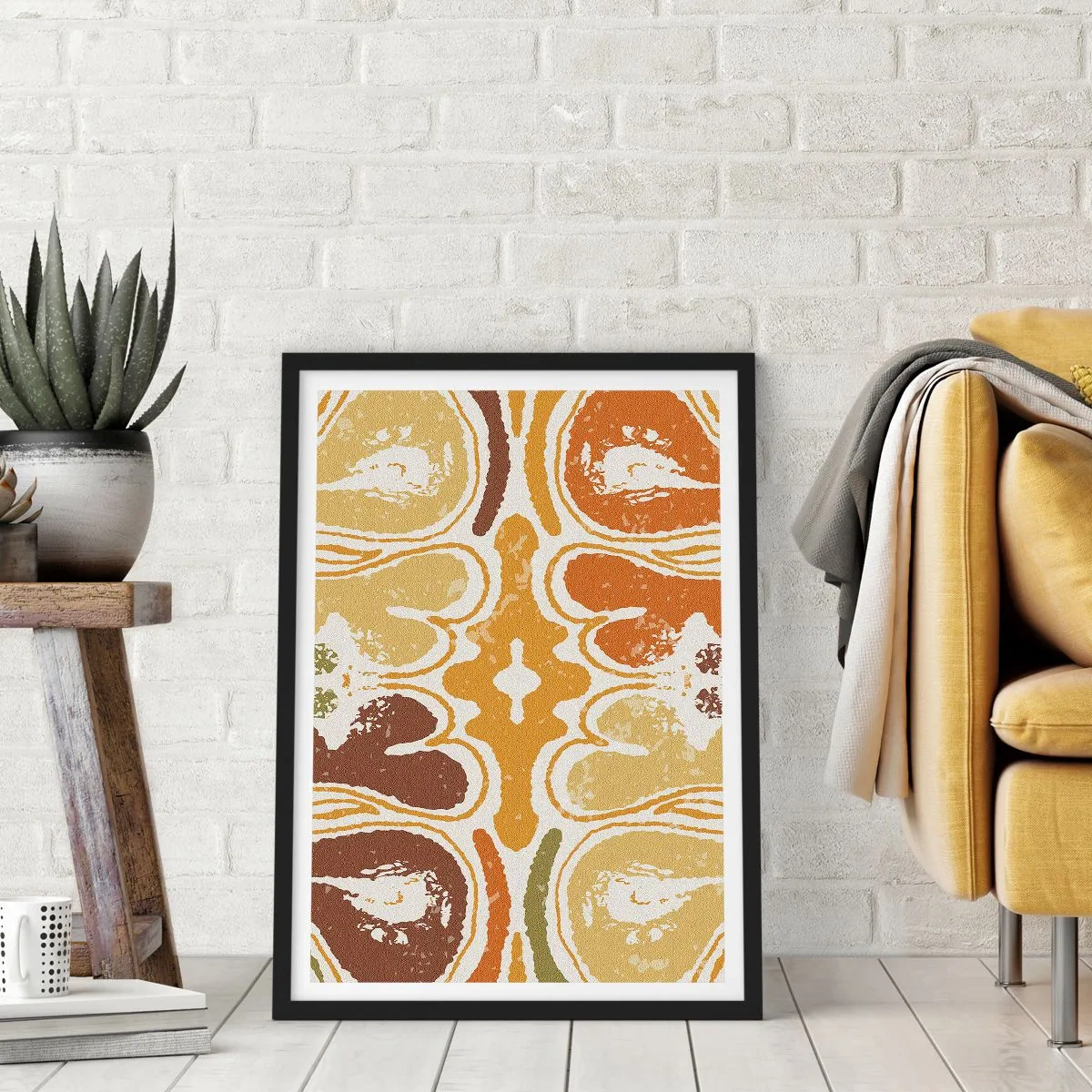 Pôster com moldura preta - Abstração simétrica em tons terrosos quentes - 50x70cm - Abstração sentimental - Decoração de parede moderna para a sala de estar e quarto ARTTOR