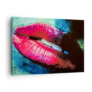 Quadro em tela - Close-up de lábios coloridos e brilhantes contra um fundo artístico - 70x50cm - Sensual e perturbador - Decoração de parede moderna para a sala de estar e quarto ARTTOR