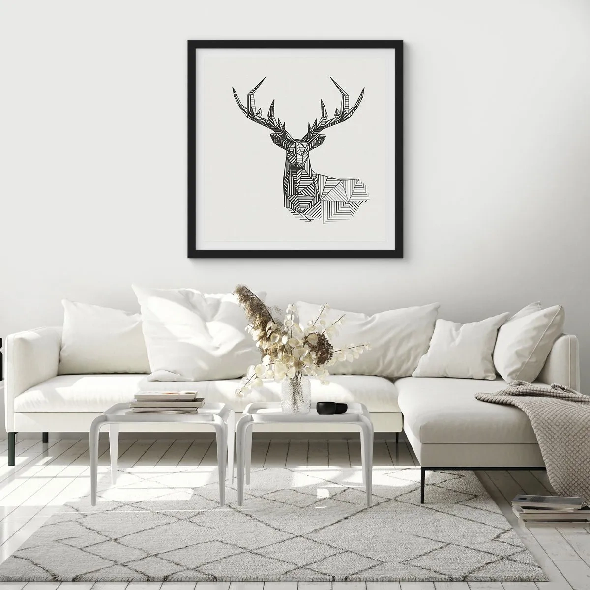 Pôster com moldura preta - Veado em estilo cubista - 60x60 cm