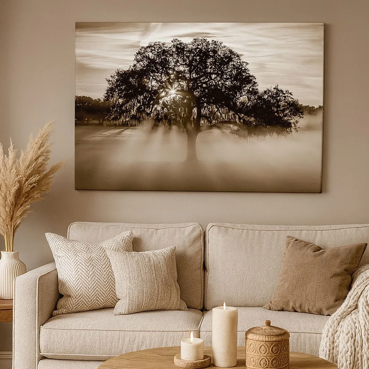 Quadro em tela - Raios de sol brilhando através de uma árvore solitária - 70x50cm - Uma árvore só de boas notícias - Decoração de parede moderna para a sala de estar e quarto ARTTOR