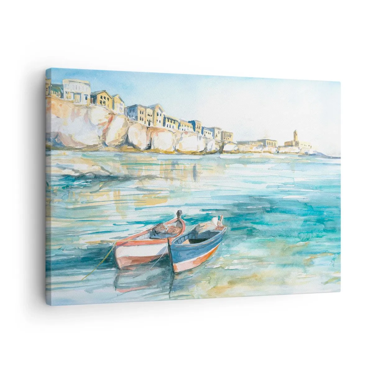 Quadro em tela - Uma paisagem costeira pitoresca com barcos na água - 70x50cm - Paisagem em azul - Decoração de parede moderna para a sala de estar e quarto ARTTOR