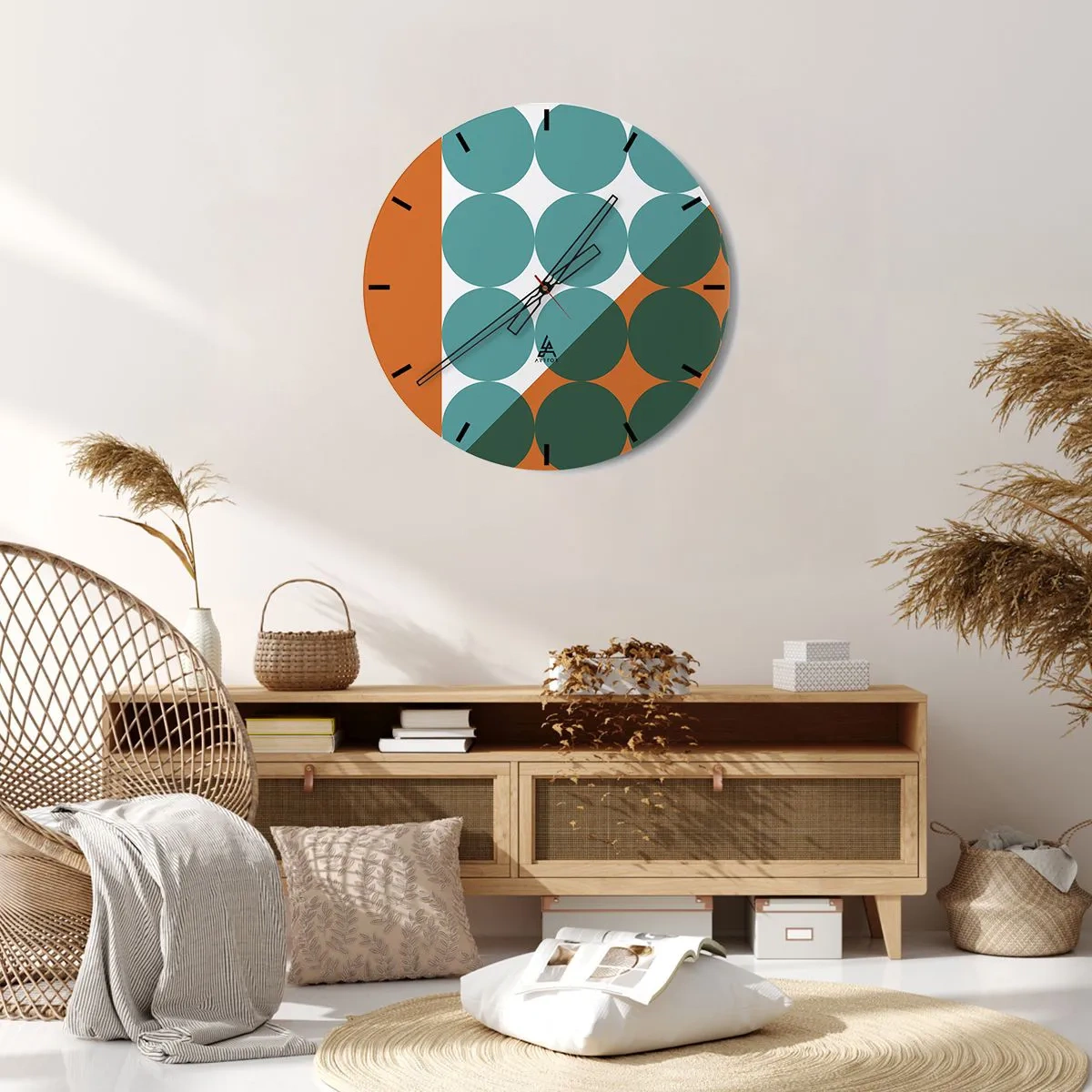 Relógio de parede - Relógio em vidro - Círculos geométricos em tons de verde e laranja - 30x30cm - Para cima e na diagonal - Decoração de parede moderna para a sala de estar, cozinha e quarto ARTTOR