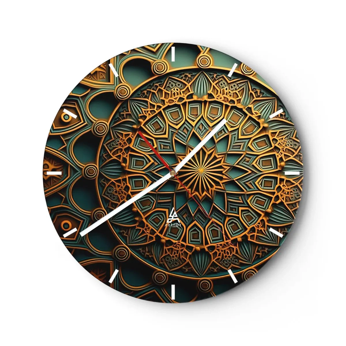 Relógio de parede - Relógio em vidro - Mosaico de estilo árabe dourado e turquesa com padrão geométrico - 30x30cm - Em uma atmosfera árabe - Decoração de parede moderna para a sala de estar, cozinha e quarto ARTTOR