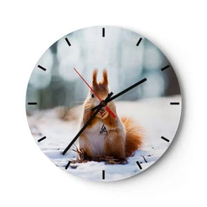 Relógio de parede - Relógio em vidro - Um esquilo na neve em uma paisagem de inverno - 30x30cm - Para o que estás a olhar? - Decoração de parede moderna para a sala de estar, cozinha e quarto ARTTOR