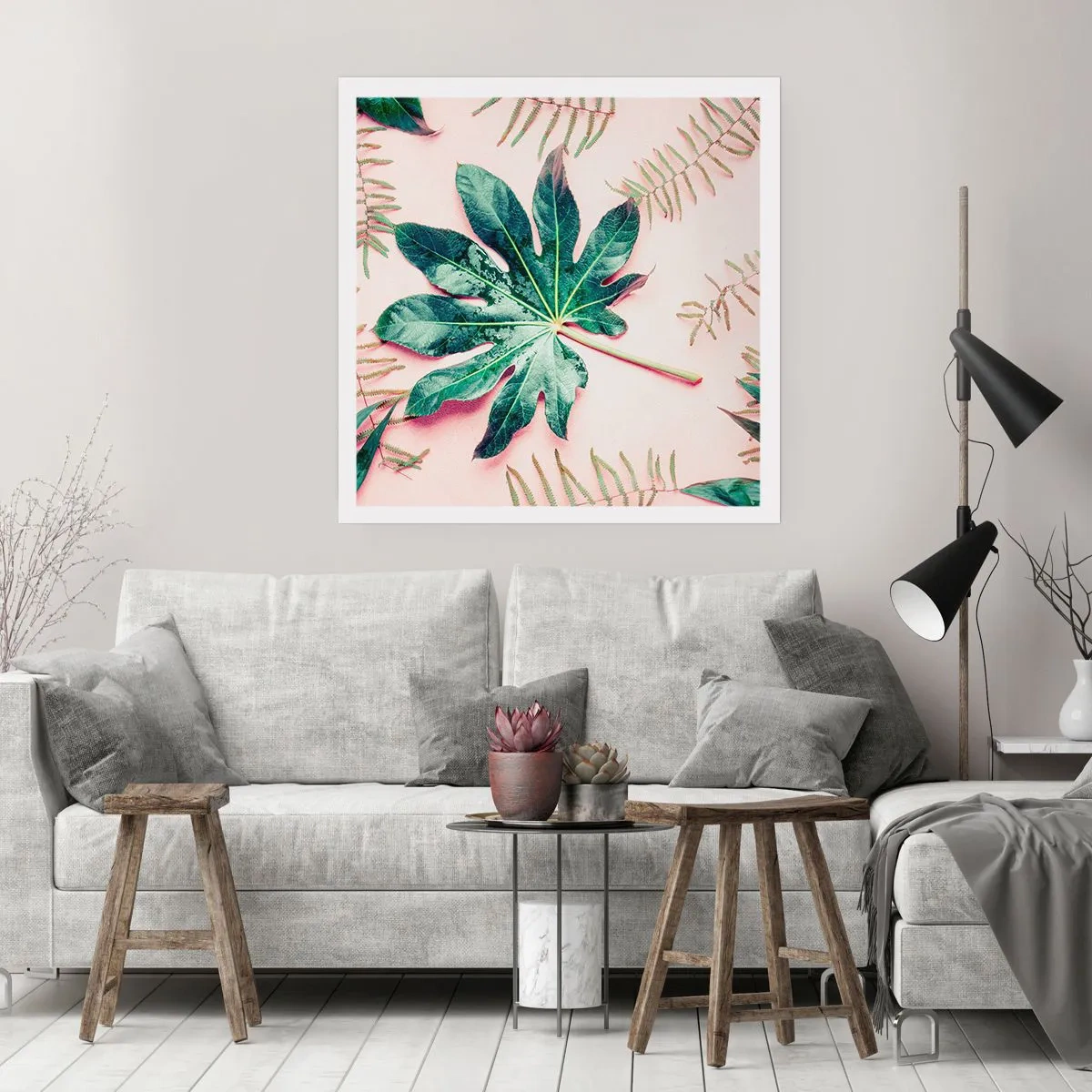 Pôster - Estudo do verde em um fundo rosa - 40x40 cm