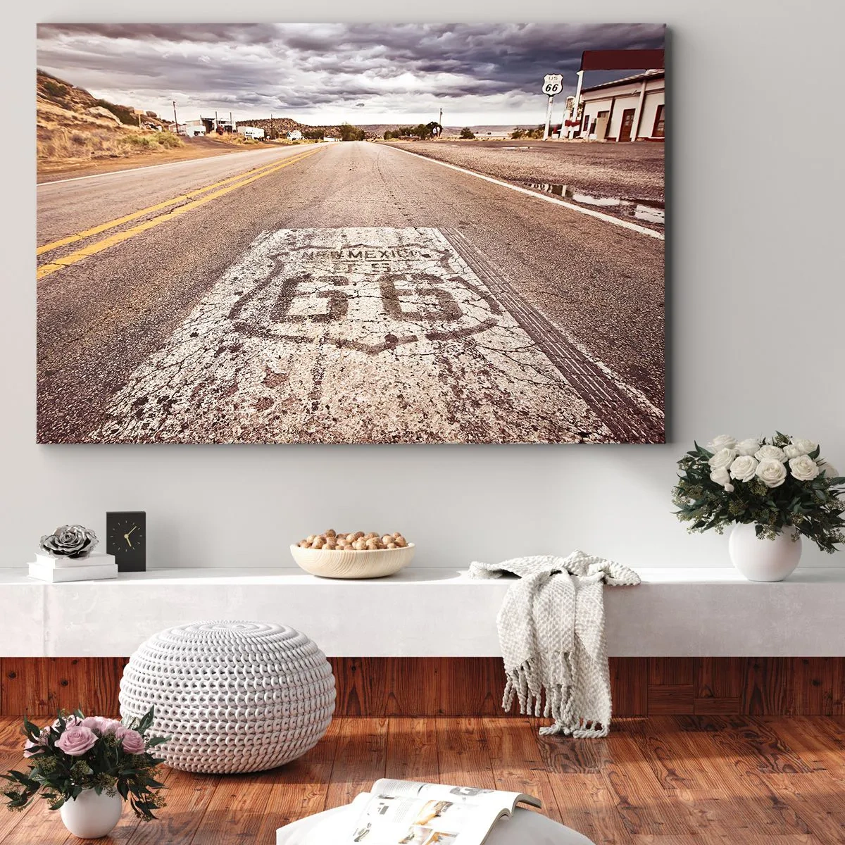 Quadro em tela - Rota 66 em clima desértico com céu pitoresco - 70x50cm - Mother Road - uma lenda americana - Decoração de parede moderna para a sala de estar e quarto ARTTOR