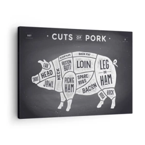 Quadro em tela - Diagrama de cortes de carne de porco em um fundo preto - 70x50cm - Cartilha do talhante - Decoração de parede moderna para a sala de estar e quarto ARTTOR