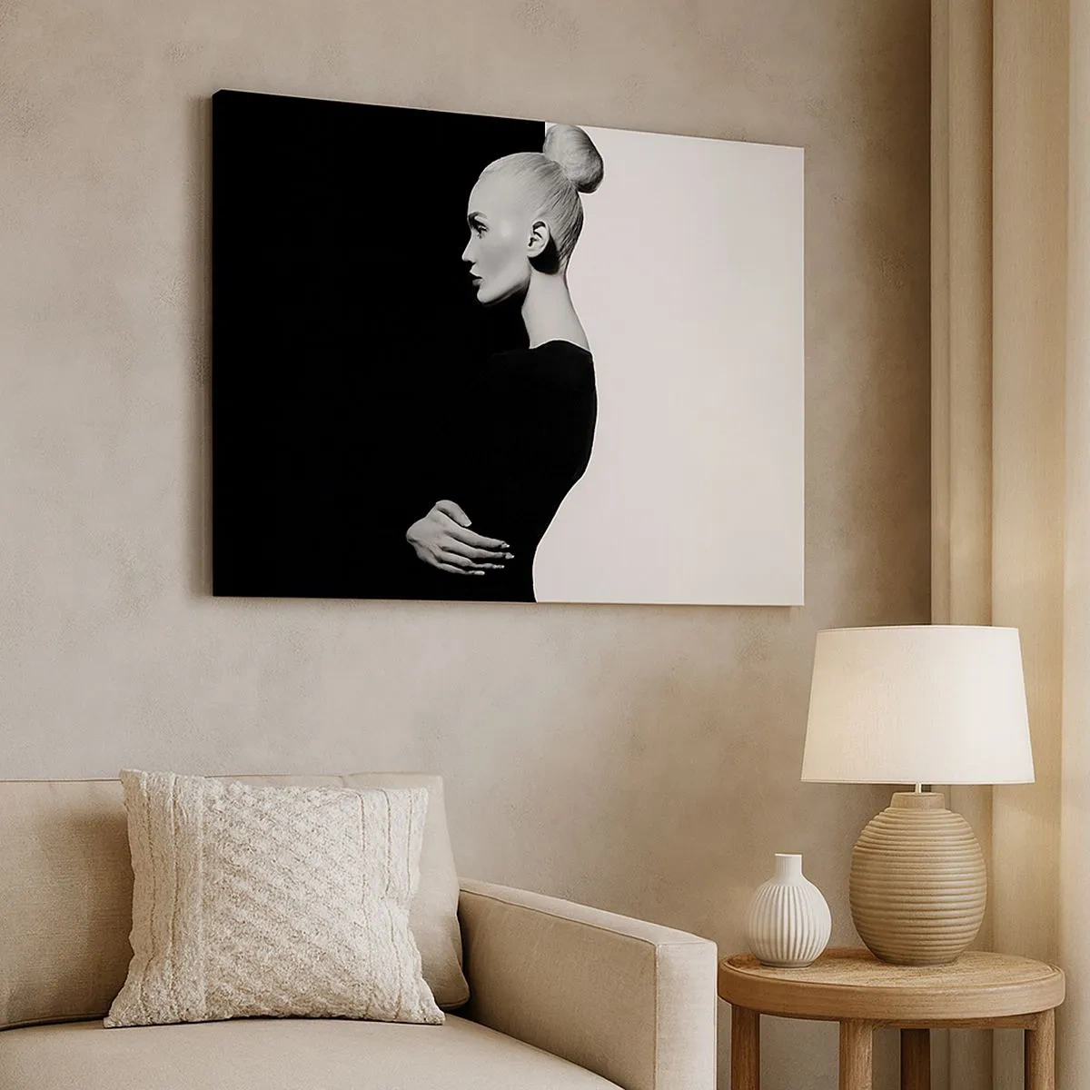 Quadro em tela - Retrato elegante de uma mulher em um fundo preto e branco - 70x50cm - Simplesmente mulher - Decoração de parede moderna para a sala de estar e quarto ARTTOR