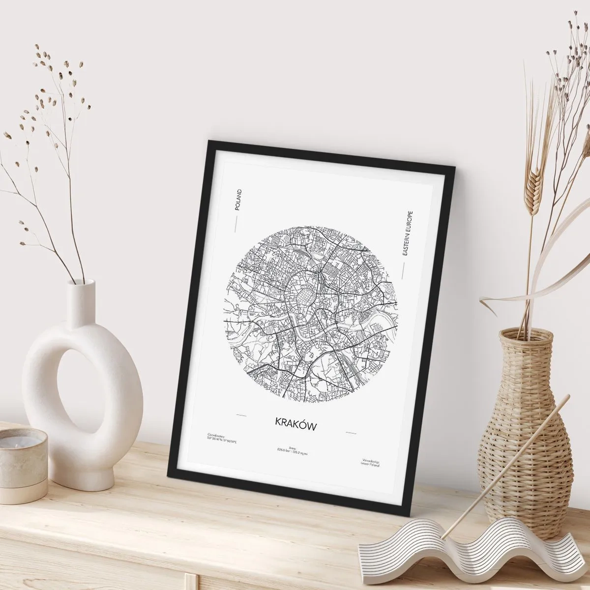 Pôster com moldura preta - Um mapa minimalista de Cracóvia em um círculo - 50x70cm - Anatomia de Cracóvia - Decoração de parede moderna para a sala de estar e quarto ARTTOR