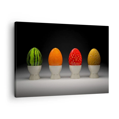 Quadro em tela - Ovos coloridos que lembram frutas em um fundo escuro - 70x50cm - Café da manhã frutado - Decoração de parede moderna para a sala de estar e quarto ARTTOR