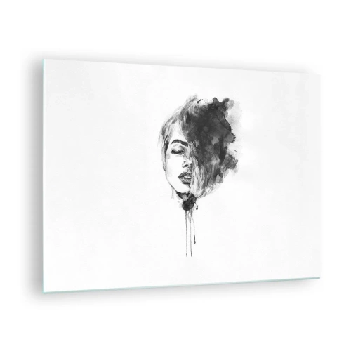 Quadro em vidro - Retrato em preto e branco de uma mulher com uma sombra abstrata - 70x50cm - O que sonha uma rapariga - Decoração de parede moderna para a sala de estar e quarto ARTTOR