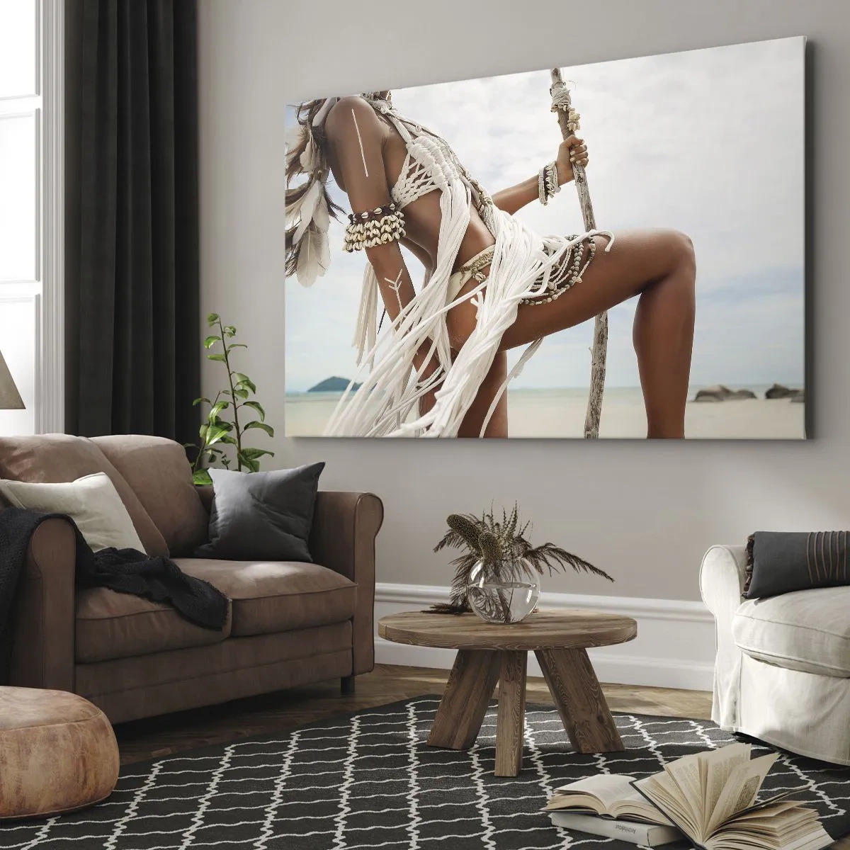 Quadro em tela - Uma figura feminina com ornamentos e roupas étnicas tendo como pano de fundo uma paisagem tropical. - 70x50cm - Sacerdotisa do Sol - Decoração de parede moderna para a sala de estar e quarto ARTTOR