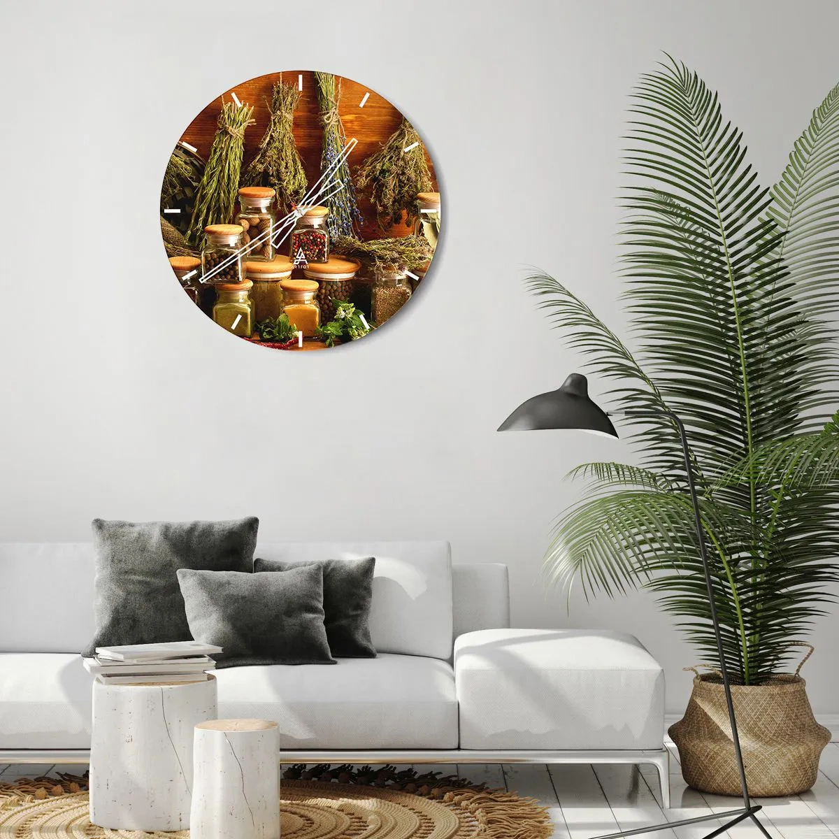 Relógio de parede - Relógio em vidro - Ervas e especiarias secas em um arranjo de cozinha - 30x30cm - Magias da cozinha - Decoração de parede moderna para a sala de estar, cozinha e quarto ARTTOR