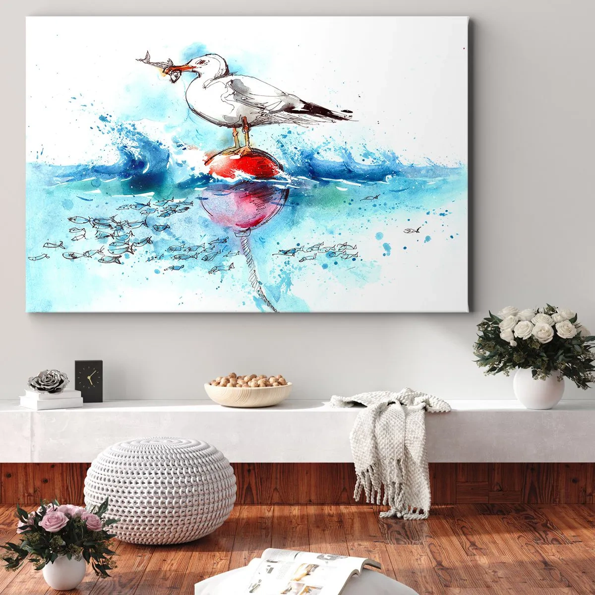 Quadro em tela - Gaivota em uma bóia com peixes ao fundo em estilo aquarela - 70x50cm - Pesca bem sucedida - Decoração de parede moderna para a sala de estar e quarto ARTTOR