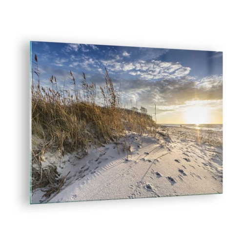 Quadro em vidro - Praia de areia ao pôr do sol com gramíneas perto da duna - 70x50cm - Um convite para um passeio - Decoração de parede moderna para a sala de estar e quarto ARTTOR