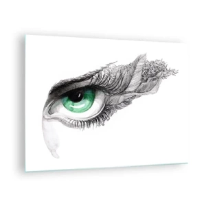 Quadro em vidro - Olho verde com detalhes de penas e padrões abstratos - 70x50cm - Bonita e pronta para atacar - Decoração de parede moderna para a sala de estar e quarto ARTTOR