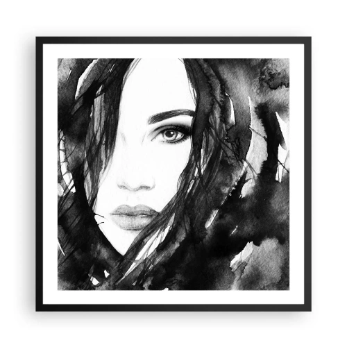 Pôster com moldura preta - Retrato de uma dama a preto e branco - 60x60 cm