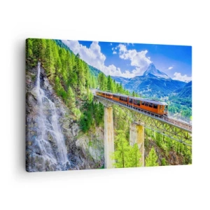 Quadro em tela - Uma montanha-russa em uma ponte com vista para uma cachoeira e montanhas - 70x50cm - Hora dos Alpes - Decoração de parede moderna para a sala de estar e quarto ARTTOR