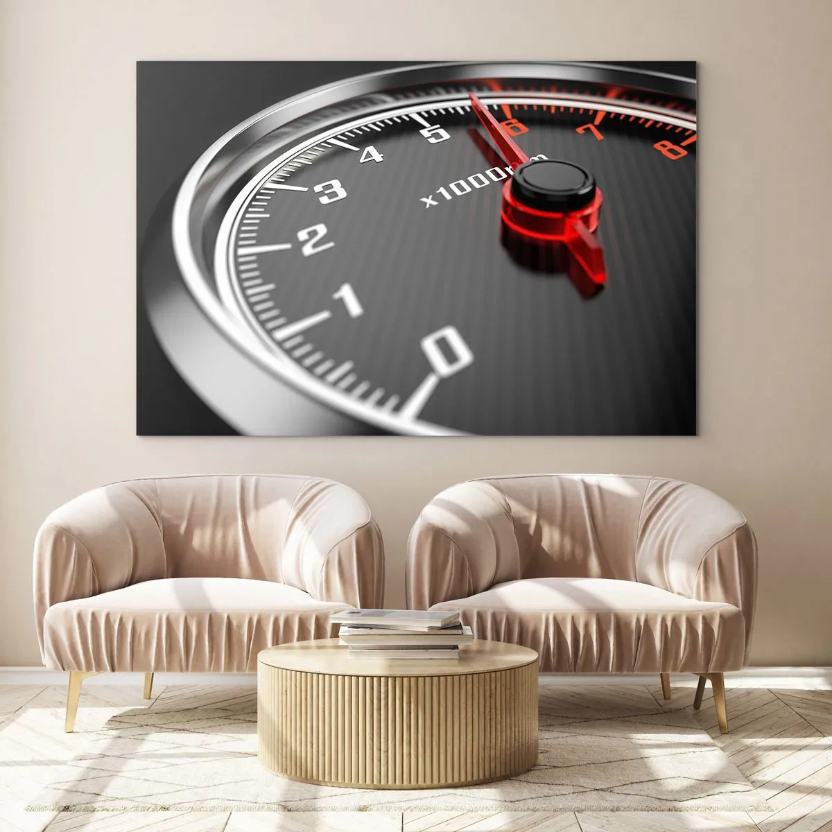 Quadro em vidro - Tacômetro em um carro esportivo com indicação vermelha - 70x50cm - Aceleração máxima - Decoração de parede moderna para a sala de estar e quarto ARTTOR