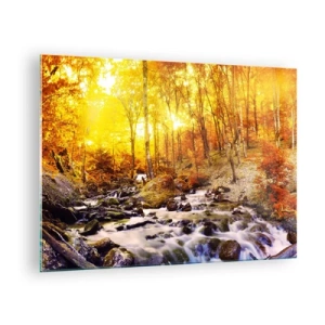 Quadro em vidro - Floresta de outono com um rio sob os raios de luz quente - 70x50cm - Pedras emolduradas em ouro e platina - Decoração de parede moderna para a sala de estar e quarto ARTTOR
