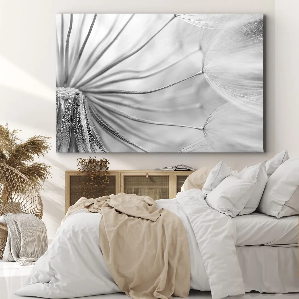 Quadro em tela - Dentes-de-leão delicados em tons de preto e branco - 70x50cm - Dentes de leão, pipas - Decoração de parede moderna para a sala de estar e quarto ARTTOR