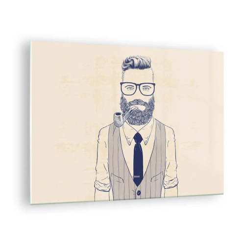 Quadro em vidro - Um homem estilizado com barba, óculos e um cachimbo em um fundo claro. - 70x50cm - Alegre, masculino e elegante - Decoração de parede moderna para a sala de estar e quarto ARTTOR