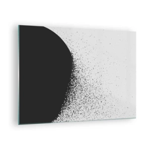 Quadro em vidro - Abstração de uma massa negra se desintegrando sobre um fundo branco - 70x50cm - Movimento das moléculas - Decoração de parede moderna para a sala de estar e quarto ARTTOR