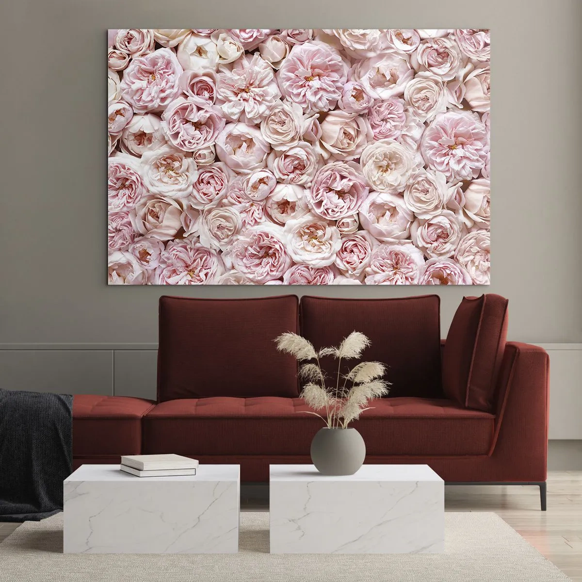 Quadro em vidro - Rosas em tons pastéis em um arranjo floral denso - 70x50cm - Uma cama de rosas - Decoração de parede moderna para a sala de estar e quarto ARTTOR