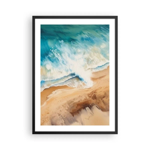 Pôster com moldura preta - Uma cena abstrata de uma onda quebrando na praia em tons de turquesa e areia. - 50x70cm - A onda que retorna - Decoração de parede moderna para a sala de estar e quarto ARTTOR
