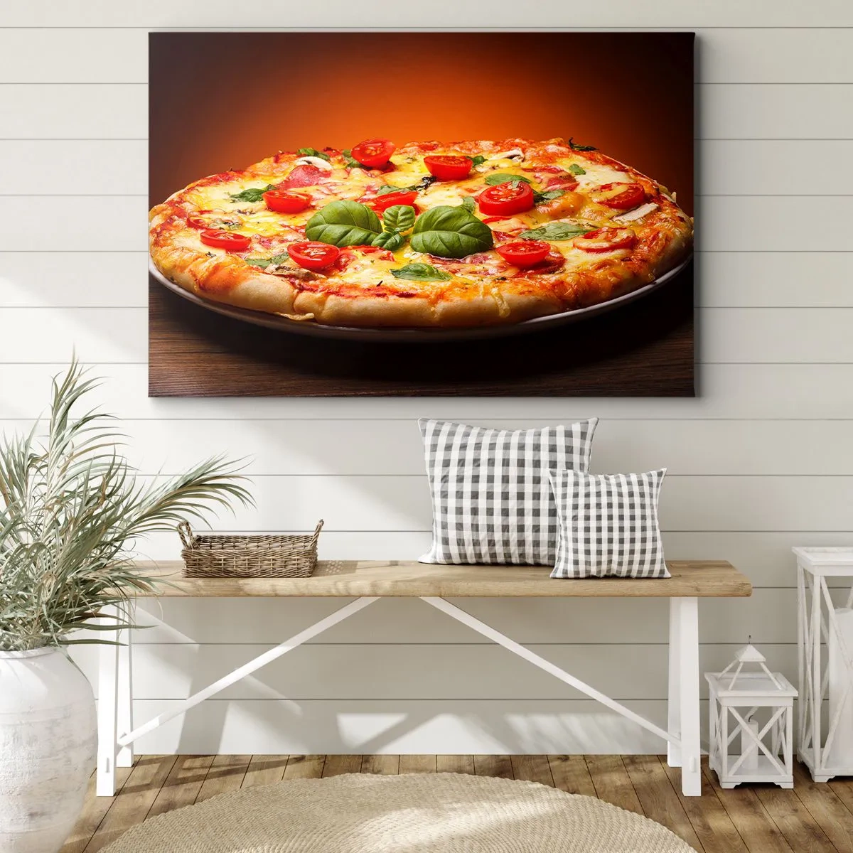 Quadro em tela - Pizza com tomate e manjericão em uma mesa de madeira - 70x50cm - Mamma mia! - Decoração de parede moderna para a sala de estar e quarto ARTTOR