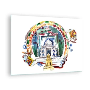 Quadro em vidro - Ilustração colorida de marcos indianos em estilo aquarela - 70x50cm - O equilíbrio hindu do mundo - Decoração de parede moderna para a sala de estar e quarto ARTTOR