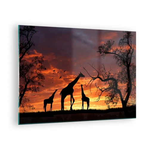 Quadro em vidro - Silhuetas de girafas tendo como pano de fundo um pôr do sol em uma paisagem africana - 70x50cm - Um pequeno jantar com seus entes queridos - Decoração de parede moderna para a sala de estar e quarto ARTTOR