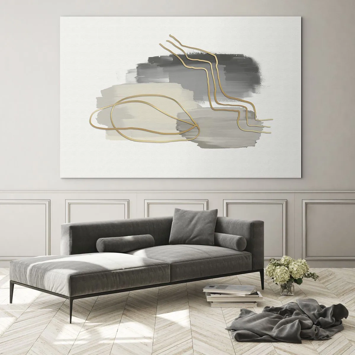 Quadro em vidro - Abstração com manchas cinzas e linhas douradas sobre fundo claro - 70x50cm - Duração e movimento - Decoração de parede moderna para a sala de estar e quarto ARTTOR