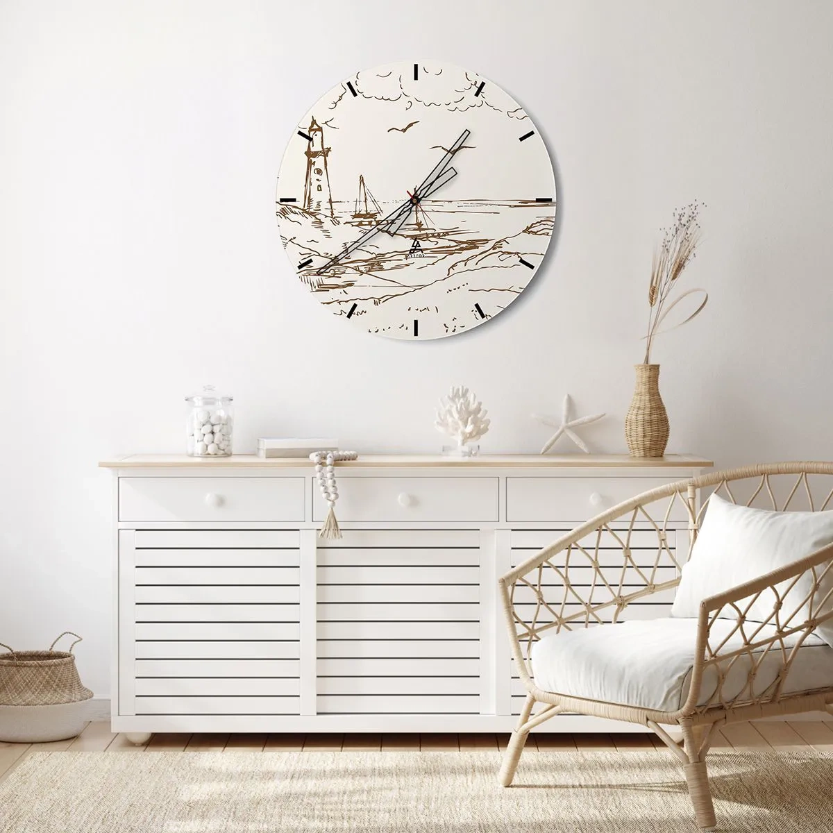 Relógio de parede - Relógio em vidro - Ilustração de um farol com um veleiro e pássaros contra o céu - 30x30cm - Esboço das memórias do verão - Decoração de parede moderna para a sala de estar, cozinha e quarto ARTTOR