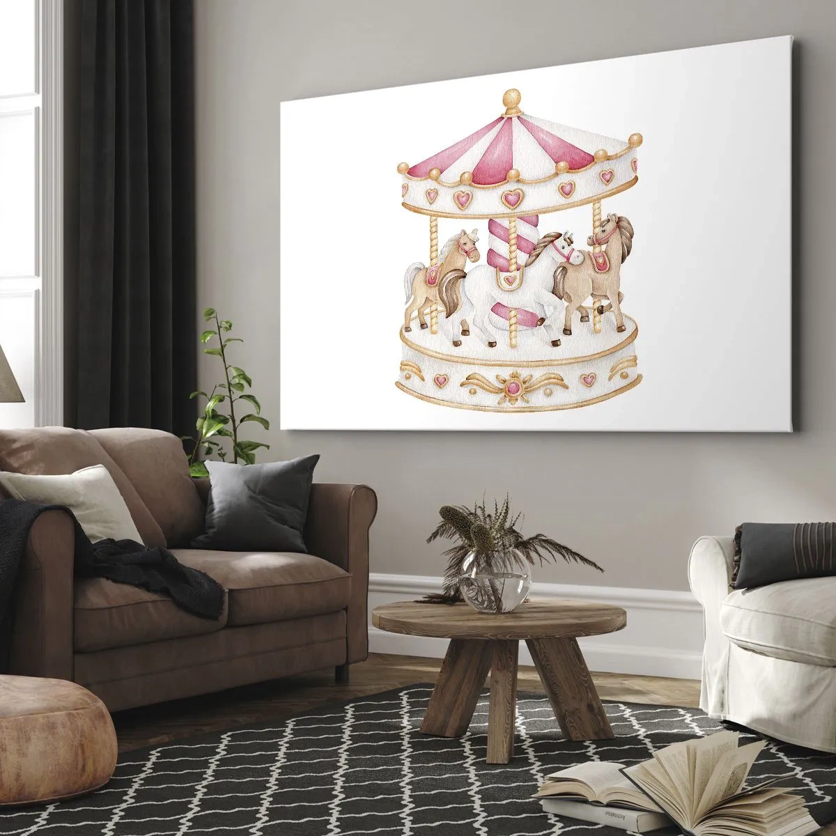 Quadro em tela - Carrossel vintage colorido com cavalos - 70x50cm - O doce mundo da infância - Decoração de parede moderna para a sala de estar e quarto ARTTOR