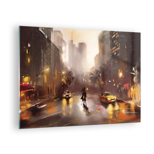 Quadro em vidro - Cidade à noite na chuva com táxis e a silhueta de um casal - 70x50cm - Nas luzes de Nova Iorque - Decoração de parede moderna para a sala de estar e quarto ARTTOR