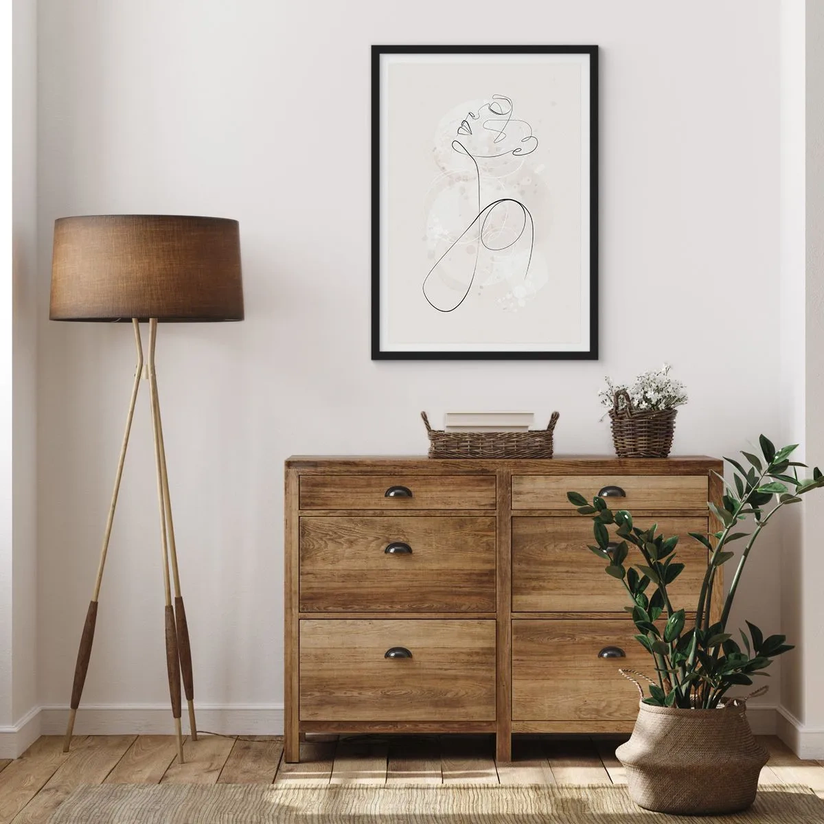 Pôster com moldura preta - A linha de contorno da figura contra o fundo de delicadas formas pastéis - 50x70cm - O espiral de beleza - Decoração de parede moderna para a sala de estar e quarto ARTTOR