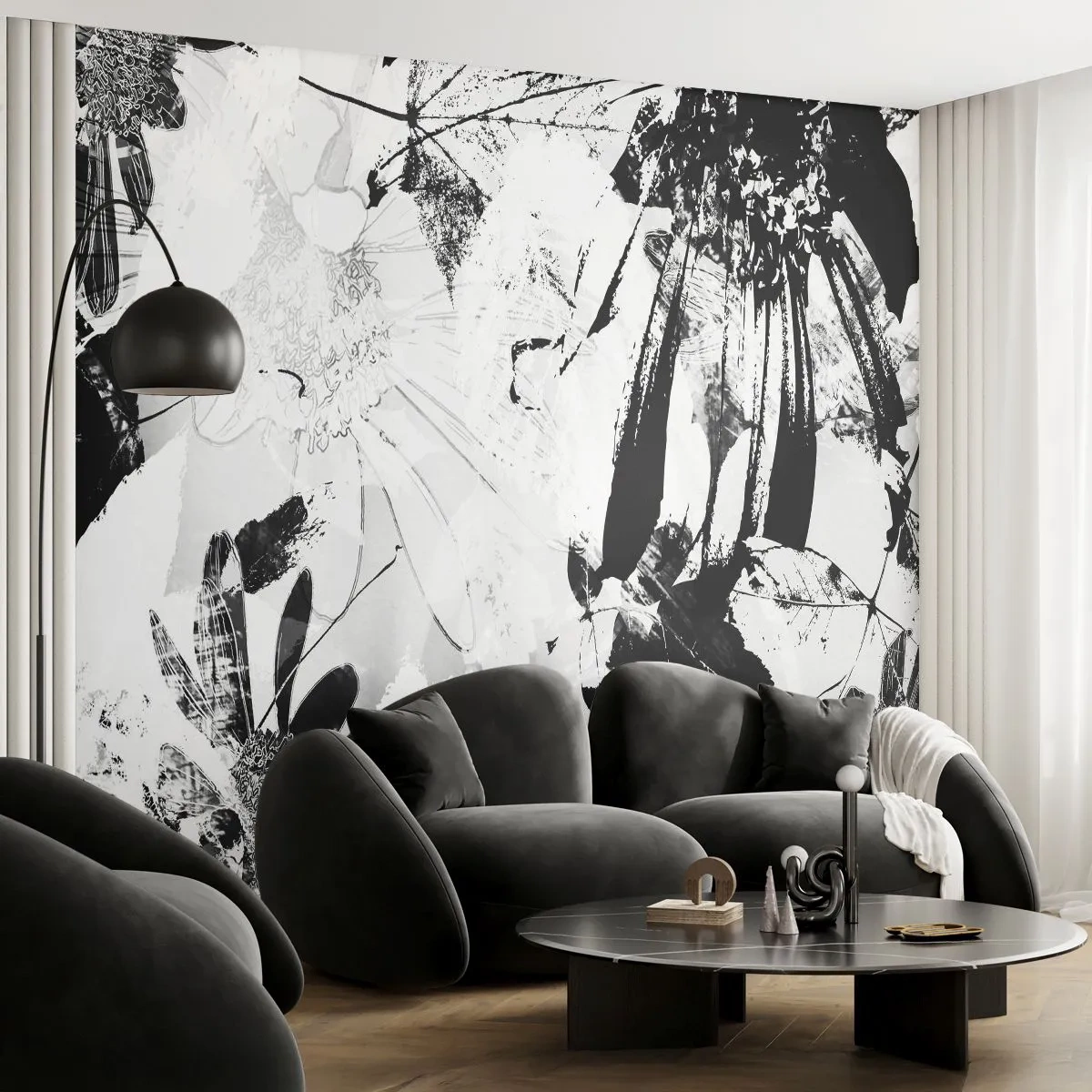 Papel de Parede Autocolante Deluxe Sticker - Outono a preto e branco - Abstração, Flores, Gráficos - 450x315 cm